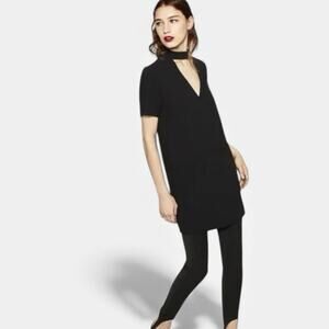 Zara black crepe shift dress with a choker neck and a deep V-neck. Size Large